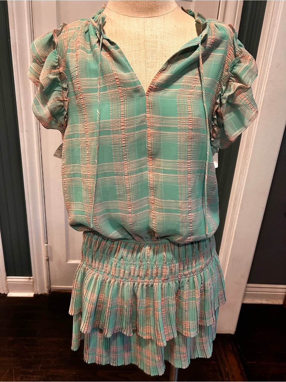 Anthro Current Air Mint Plaid Midi Dress with Peach Accents